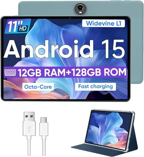 Android 15 Tablet,11 Inch Tablets with Octa Core Processor, 12GB RAM + 128GB ROM 1TB Expand, Widevine L1, 8000mAh Battery, 2.4/5Ghz Dual Band WiFi/GPS/FM Radio,5/8MP Cameras, Case Included - Blue