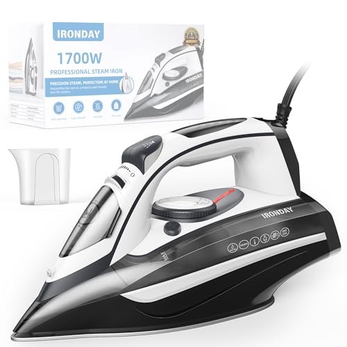 IRONDAY Steam Iron for Clothes Rapid Heating, 1700W Iron with Non-Stick Ceramic Soleplate, 3-Way Auto-Off, Burst of Steam, Self-Cleaning, 14.07oz Water Tank Ironing Clothes for Home, Grey