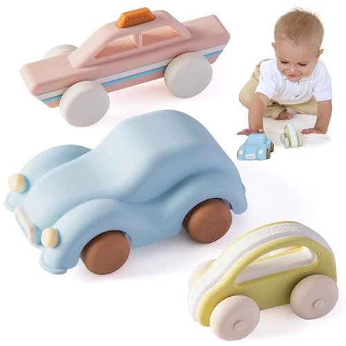 Moonkie Food Grade Silicone Toy Cars for Toddlers 1-3, Push and Go Baby Car Toys 6-12 Months+, One-Piece Design Infant Toys, Birthday Gifts for 1 Year Old Boy Girl, Easy to Clean & Grasp, 3 Pack