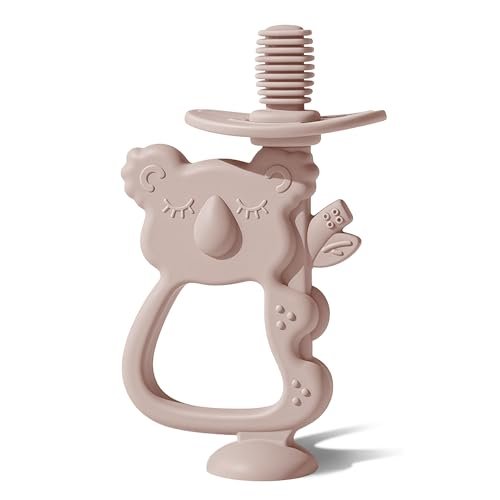 Moonkie Teething Toy, Safe & Easy to Hold BPA Free Silicone Teethers, 360° Baby Toothbrush with Suction Base, Teether Toys Best for Babies 6-12 Months (Koala Blush)