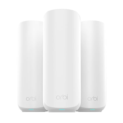 NETGEAR Orbi 370 Series Dual-Band WiFi 7 Mesh Network System for Home (RBE373) – Wireless Router + 2 Extenders, Security Features, 5 Gbps, Covers 6,000 sq.ft., 70 Devices, 2.5GB Internet Port, BE5000