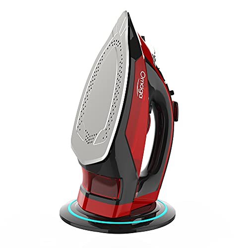 OMAIGA Cordless Iron for Clothes - 1500W Steam Iron with Non-Stick Ceramic Soleplate, Rapid Heating, Auto Shut Off, Burst of Steam, Self-Clean, Anti-Drip, Anti-Calc, 3 Temperature Settings, Red