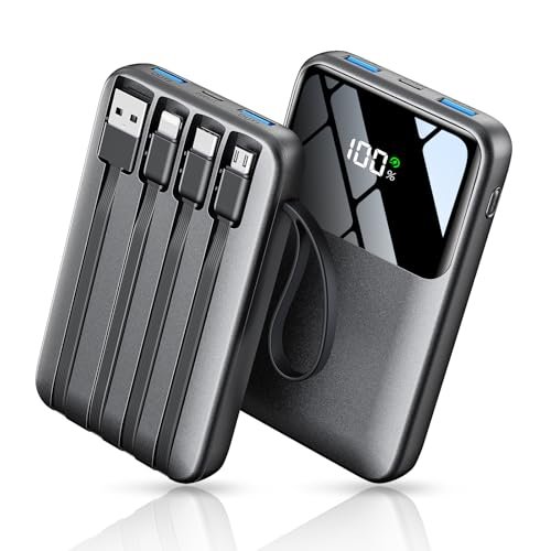 Power Bank, 15000mAh Portable Charger with Built in Cable, 22.5W Fast Charging, 6 Outputs, Slim Travel Essential Battery Pack with LED Display, Compatible with iPhone 17/16/15/14/13, Samsung, iPad