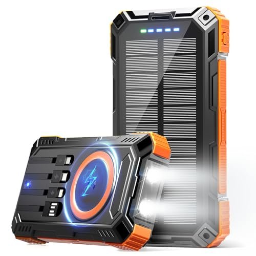 Solar Power Bank 49800mAh Wireless Portable Charger with USB-C 15W Fast Charging with 4 Built-in Cables LED Flashlight Battery Pack Compatible with iPhone, iPad, Galaxy, Perfect for Camping, Hiking