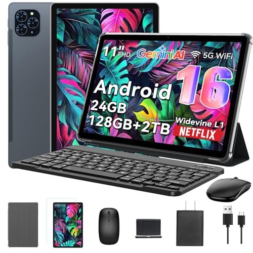 Tablet 2025 World's First Android 16 Tablet with Gemini AI, 11 Inch FHD Display, 24GB RAM 128GB ROM /2TB TF, T7250 CPU+13MP Camera, 8000mAh, Widevine L1, 2 in 1 Tablets with Keyboard Mouse Stylus