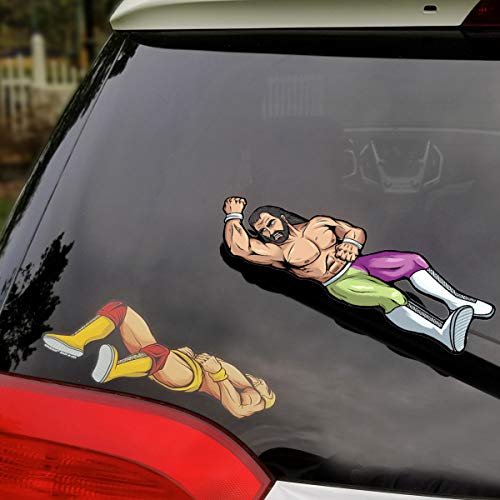 WiperTags Elbow Drop Wrestling Cover and Decal attaches to Rear car Vehicle Window and Wiper Blade. All-Weather Resistant. Universal Size. Made in USA. Turn Wiper on to Engage Elbow Drop Action.